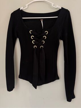 Free People Black Lace-Up Long Sleeve Top with Gold Eyelets